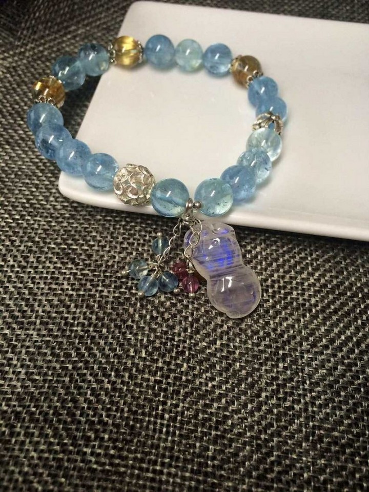 精品海蓝宝搭配板钛晶流苏款手串-菩心晶舍