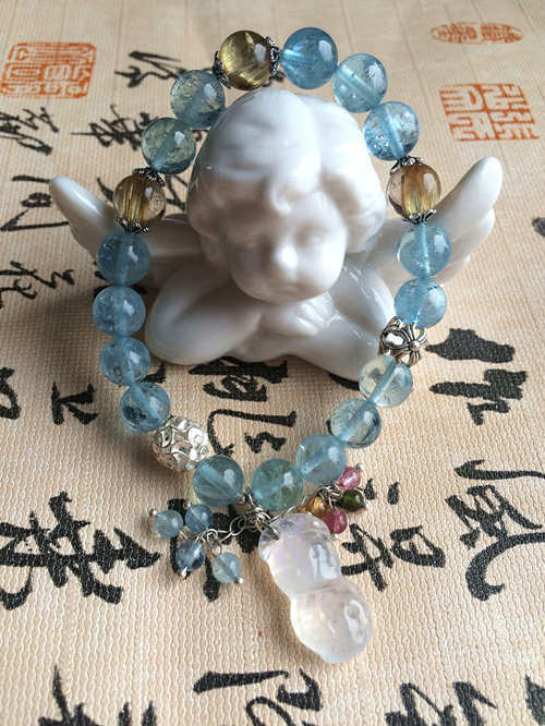 精品海蓝宝搭配板钛晶流苏款手串-菩心晶舍