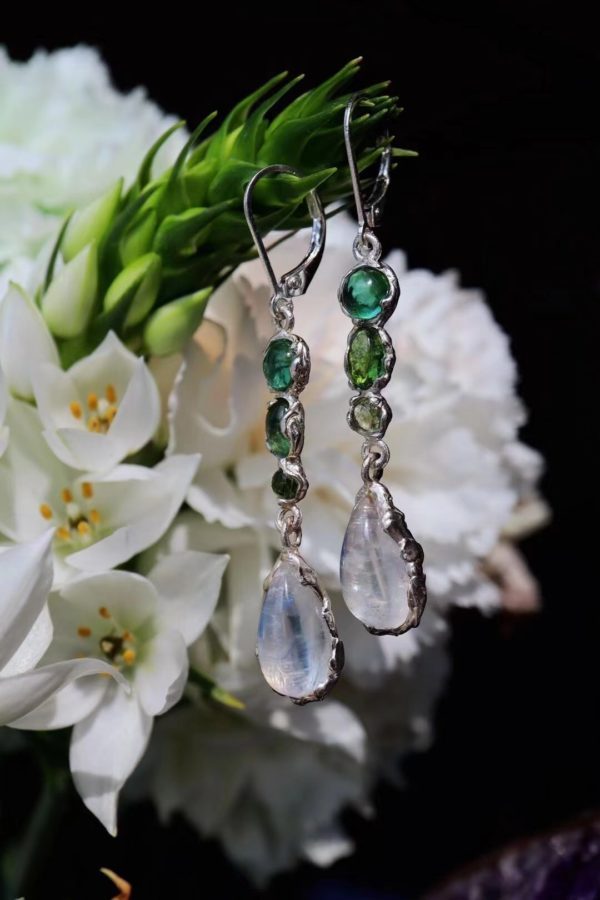 月光石耳坠，彩色碧玺和月光石在一起，温柔加倍-菩心晶舍