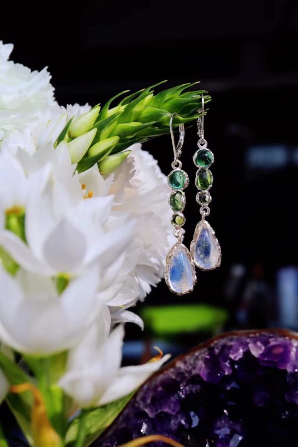 月光石耳坠，彩色碧玺和月光石在一起，温柔加倍-菩心晶舍