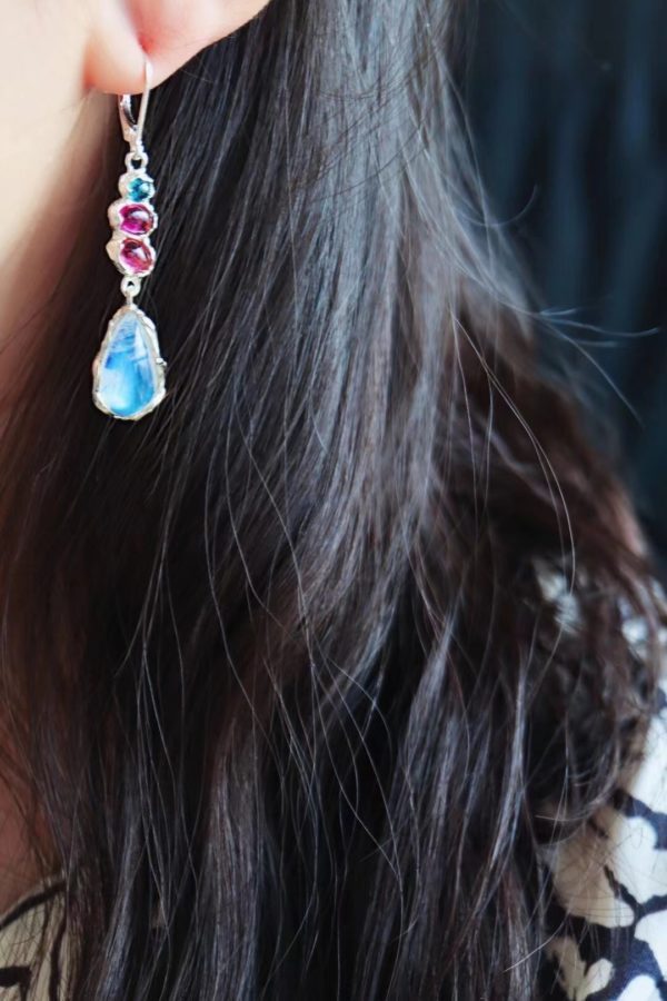 月光石耳坠，彩色碧玺和月光石在一起，温柔加倍-菩心晶舍