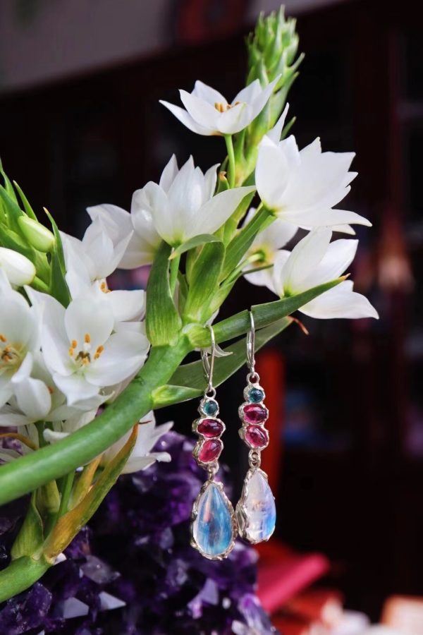 月光石耳坠，彩色碧玺和月光石在一起，温柔加倍-菩心晶舍