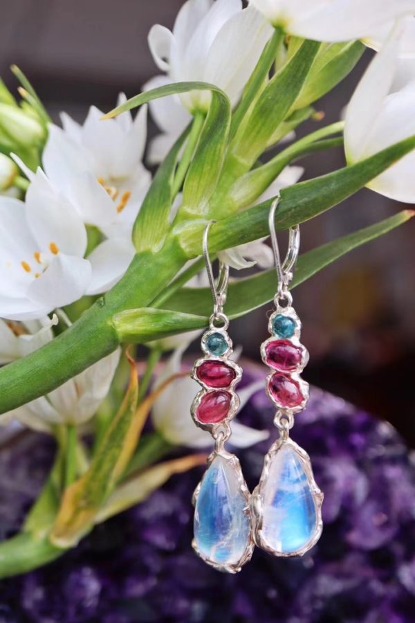 月光石耳坠，彩色碧玺和月光石在一起，温柔加倍-菩心晶舍