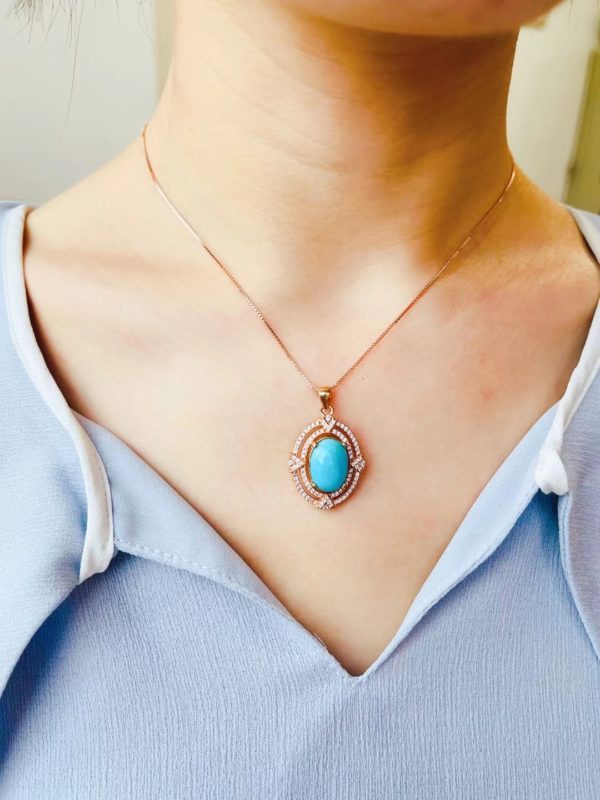 原矿高瓷高蓝的绿松石蛋面,纯银镀金镶嵌,超衬肤色-菩心晶舍