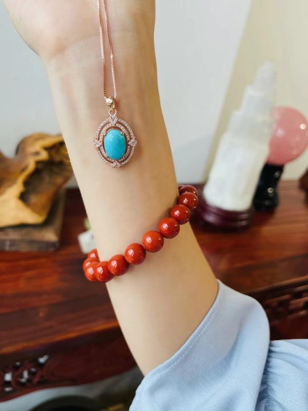 原矿高瓷高蓝的绿松石蛋面,纯银镀金镶嵌,超衬肤色-菩心晶舍