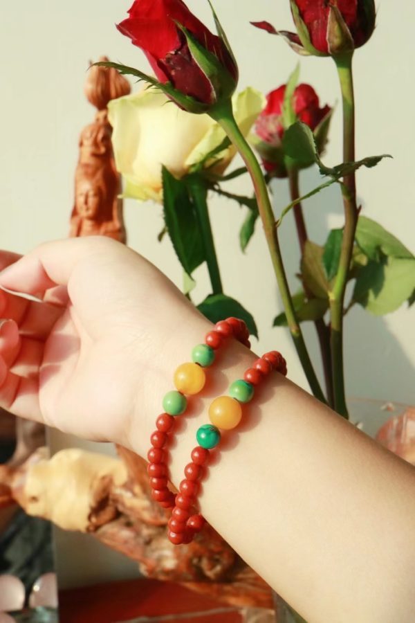 南红玛瑙配三颗绿松石寓意三生三世-菩心晶舍