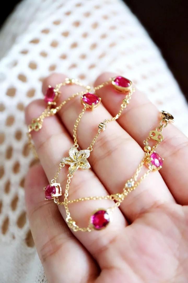 红碧玺18K金双圈手链