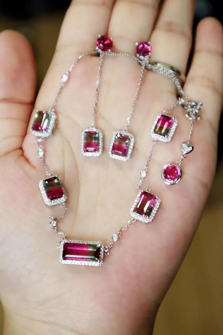 西瓜碧玺白金项链耳环