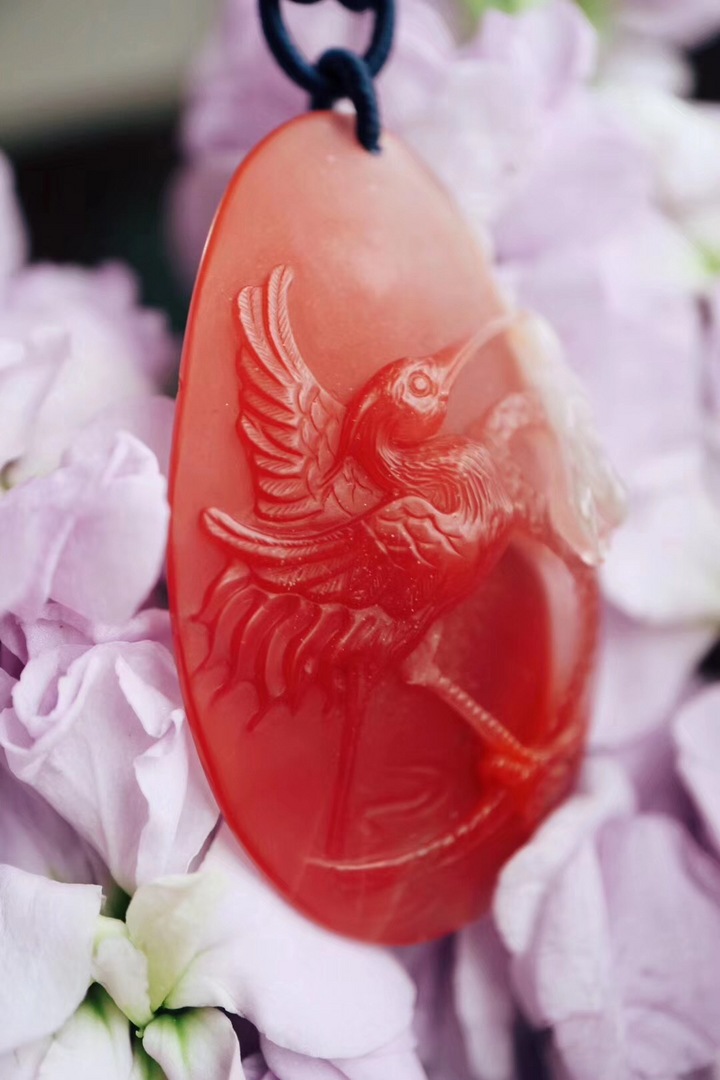 【菩心-南红玛瑙】雕刻仙鹤荷花的冰飘俏色南红寓意合和-菩心晶舍